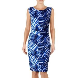Nine West 3946 Blue 14 Abstract Ruched Waist Stretch Jersey Sheath Dress $98